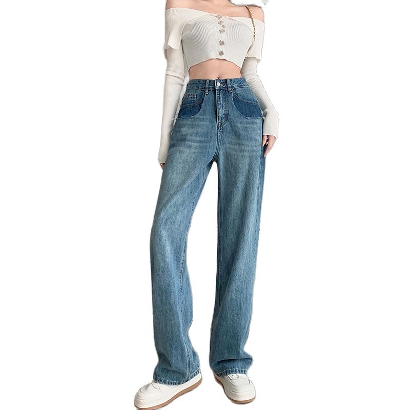 Spring New Women Cotton Jeans Wrinkel Wash Loose Straight Legs Women Denim Pants